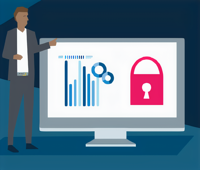 animated graphic of person stood beside a desktop screen while pointing to a data security graphic on the desktop screen